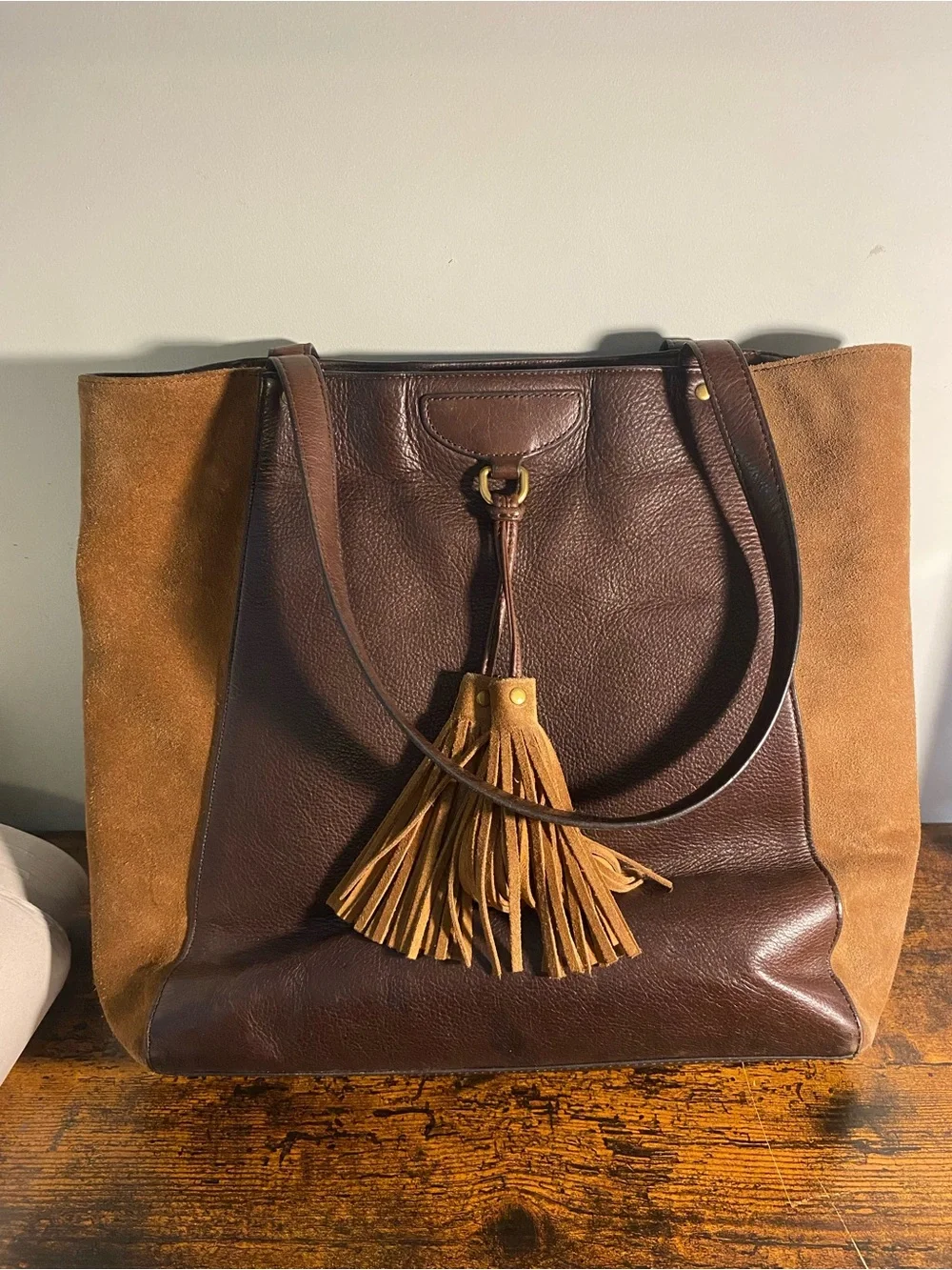 Frye Brown Leather & Suede Tote with Tassel